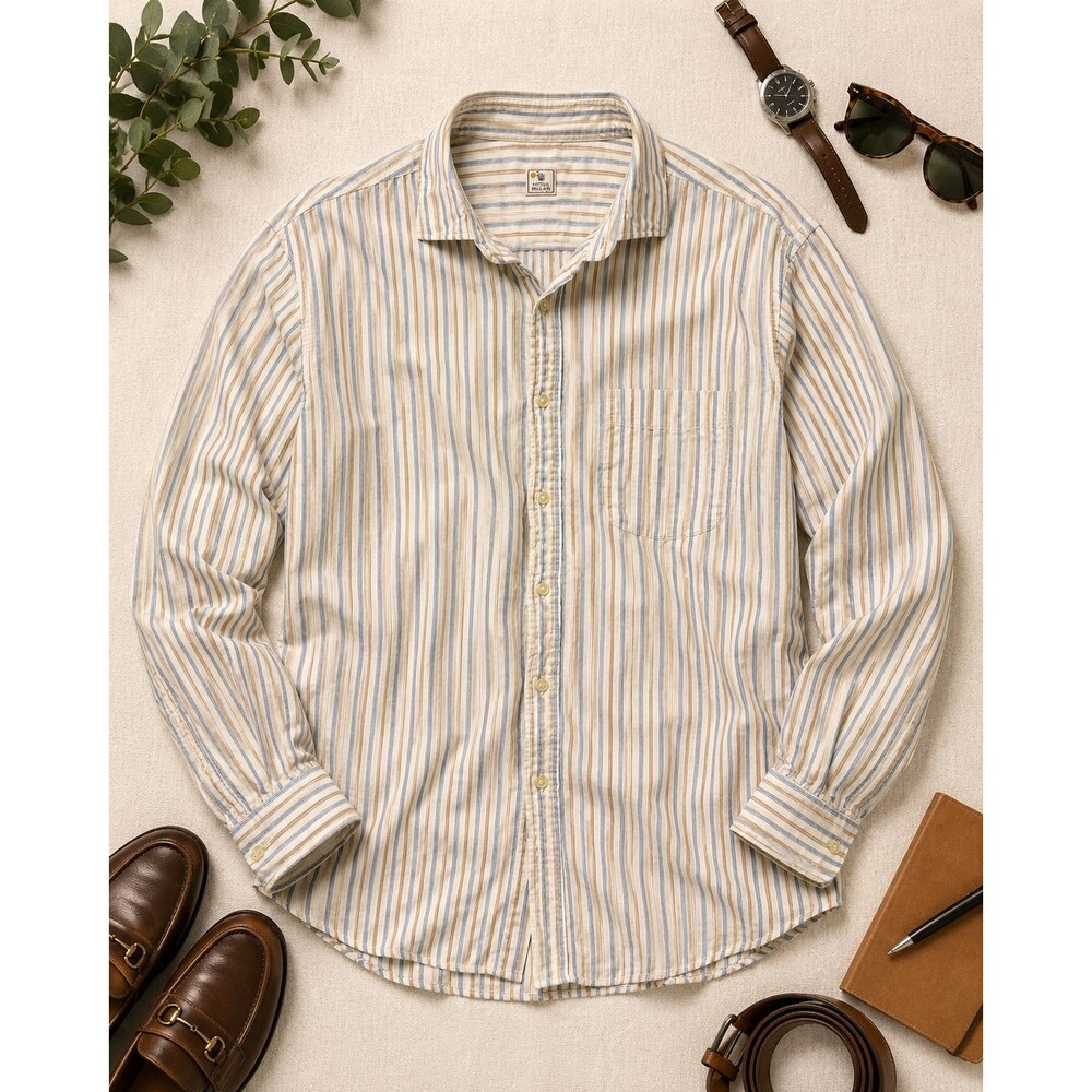 Peter Millar Mens L Blue Tan Striped Cotton Button Front Shirt Long Sleeve
